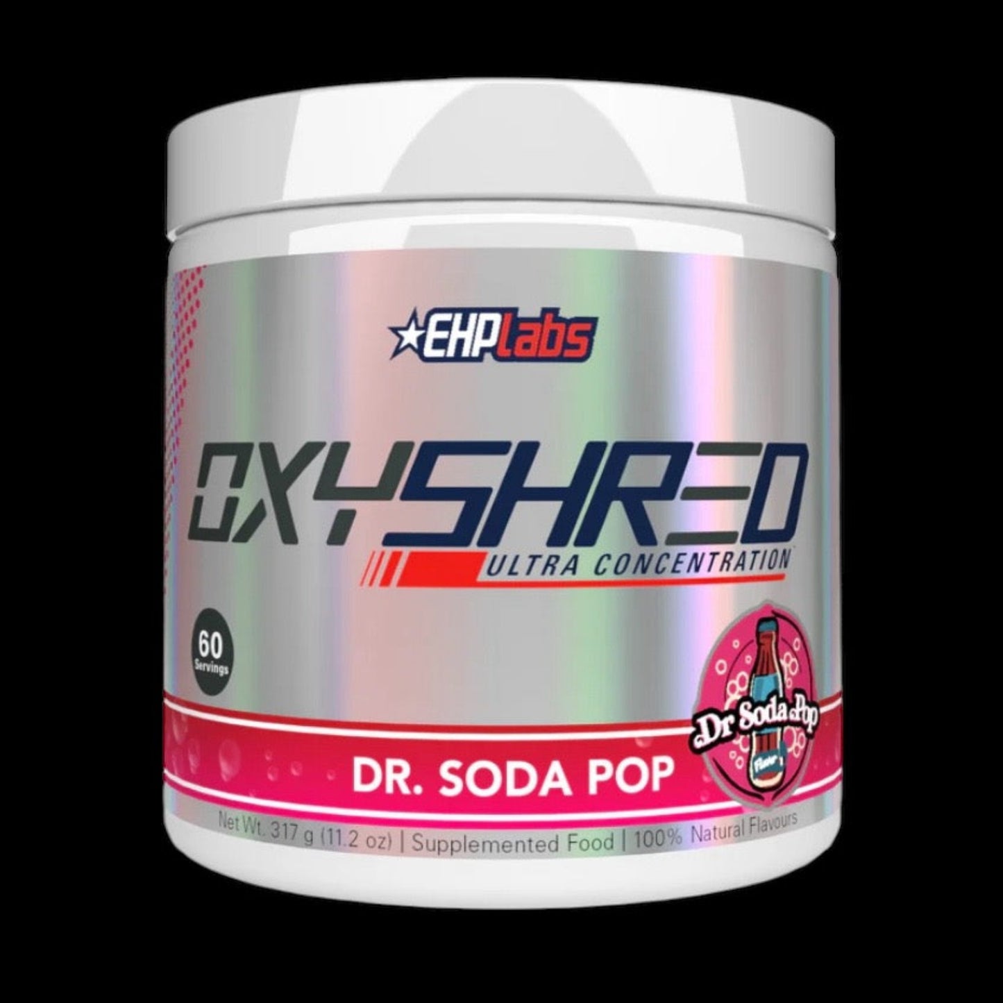 Front view of EHPLabs OxyShred Dr. Soda Pop flavour tub on black background