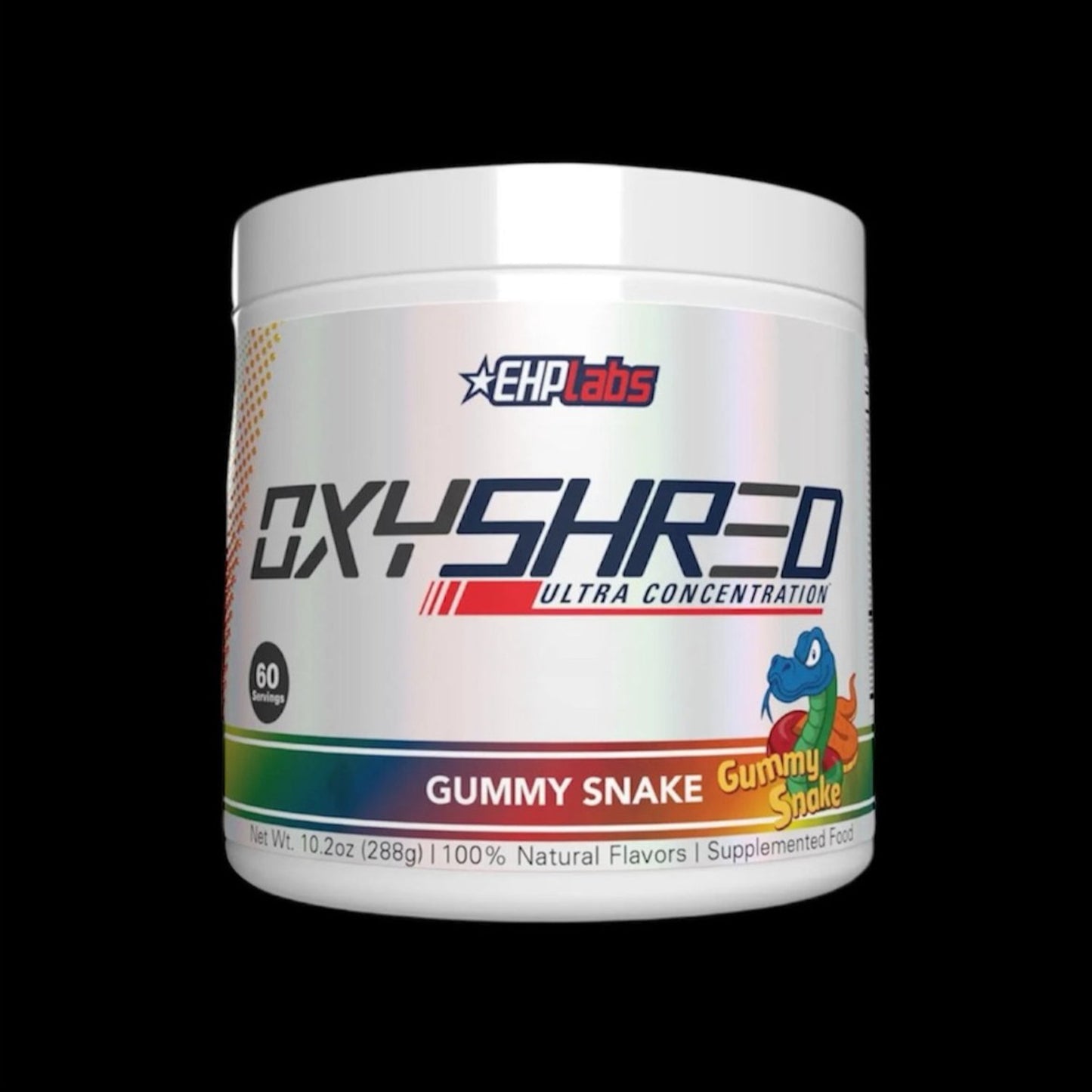 Front view of EHPLabs OxyShred Gummy Snake flavour tub on black background