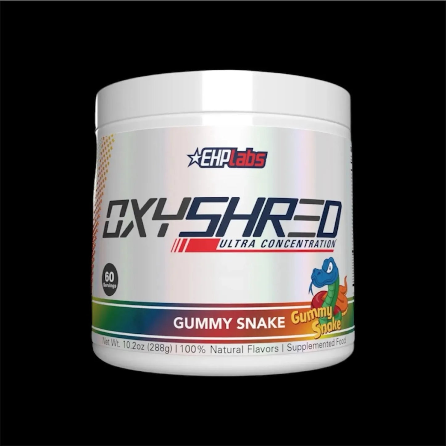 Front view of EHPLabs OxyShred Gummy Snake flavour tub on black background