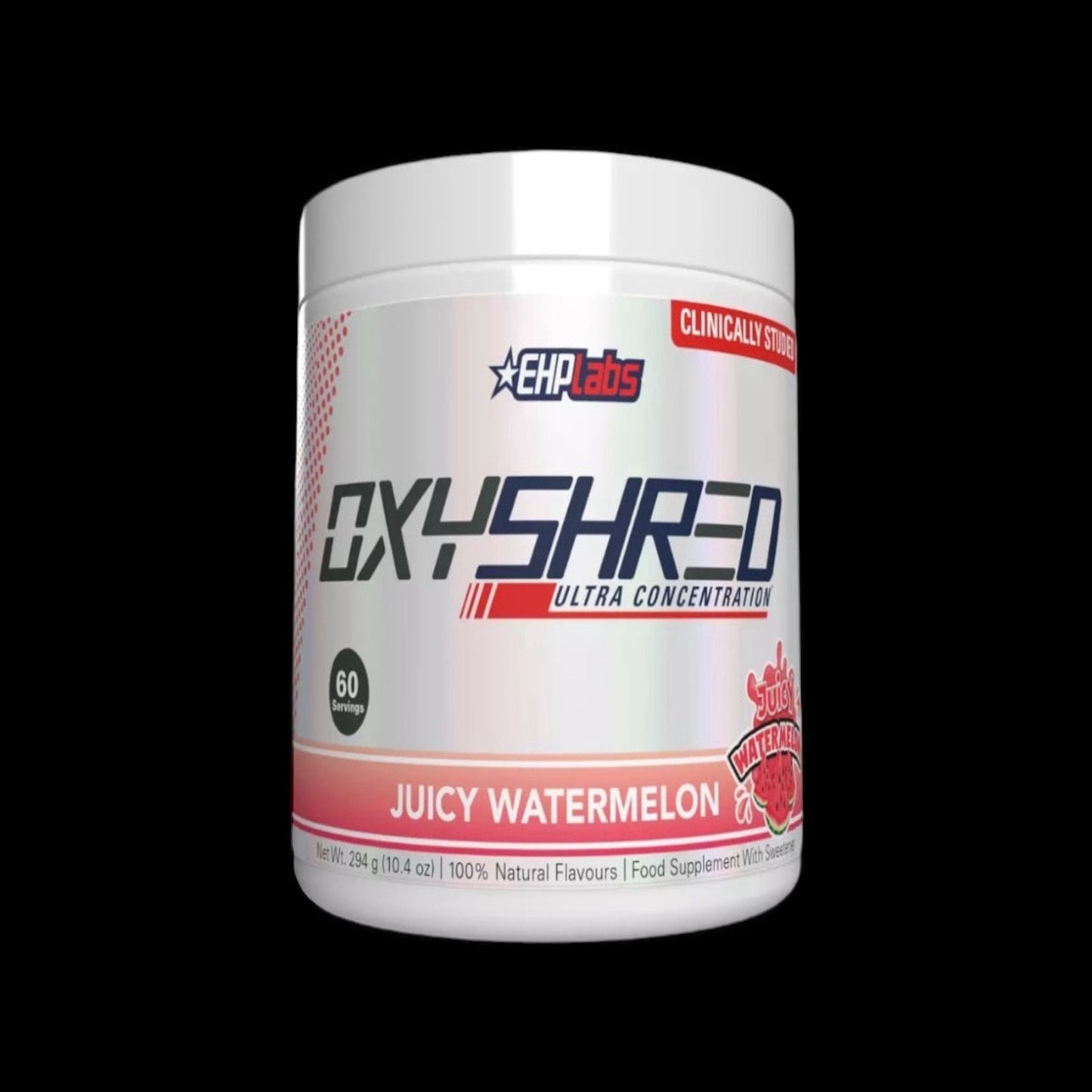 Front view of EHPLabs OxyShred Juicy Watermelon flavour tub on black background