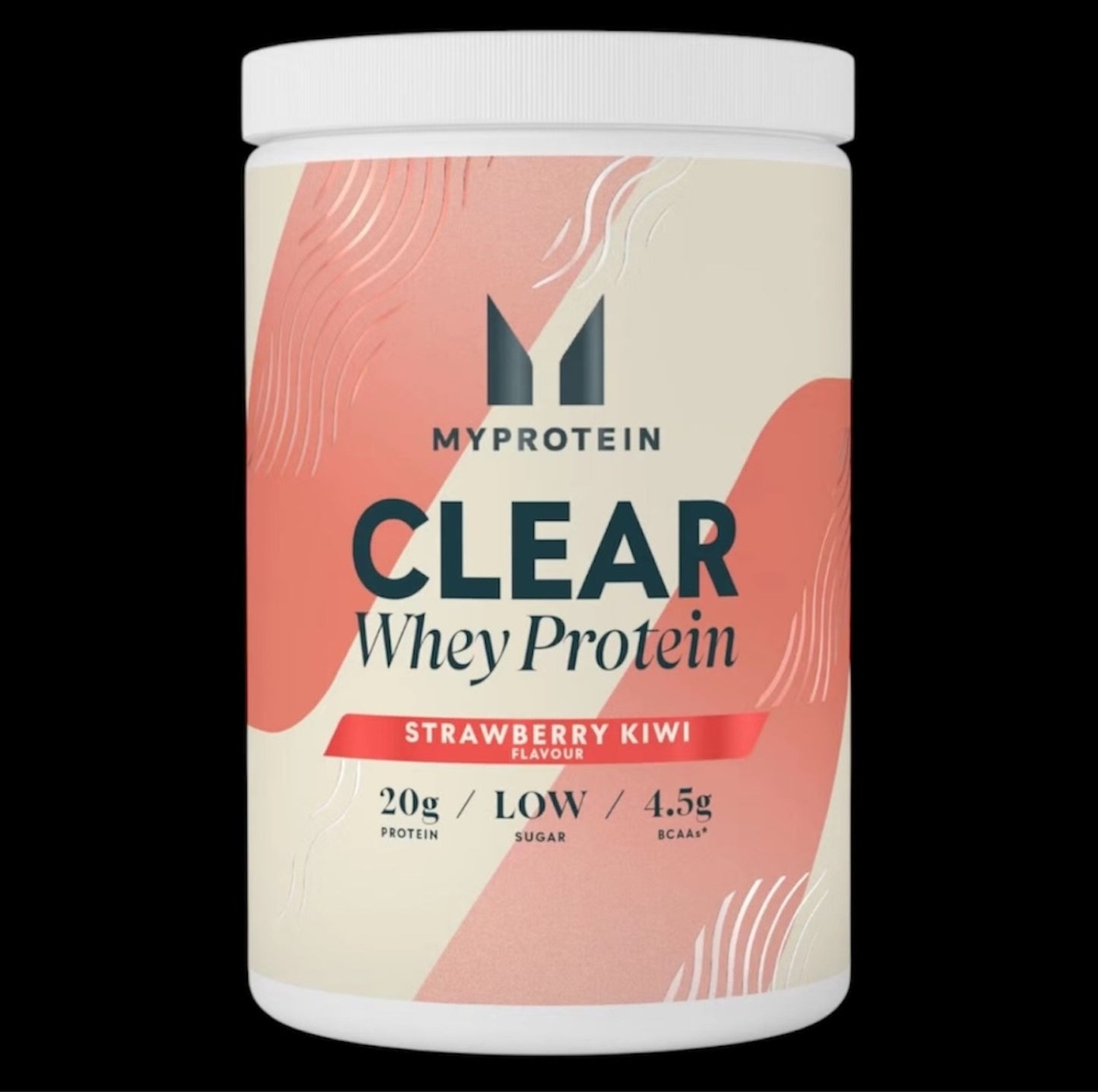 Front view of Myprotein Clear Whey Isolate in Kiwi Strawberry flavour on a black background