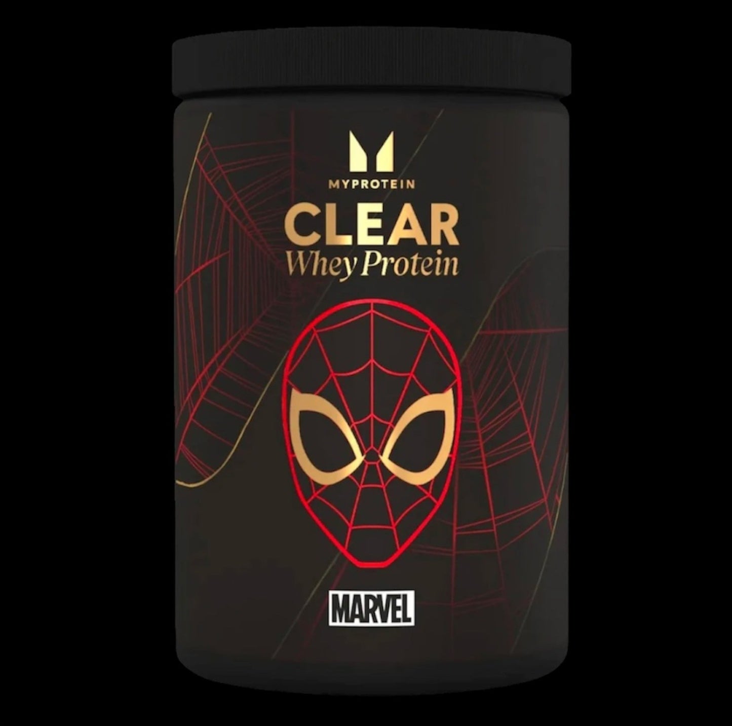 Front view of Myprotein Clear Whey Isolate in Spiderman flavour on a black background
