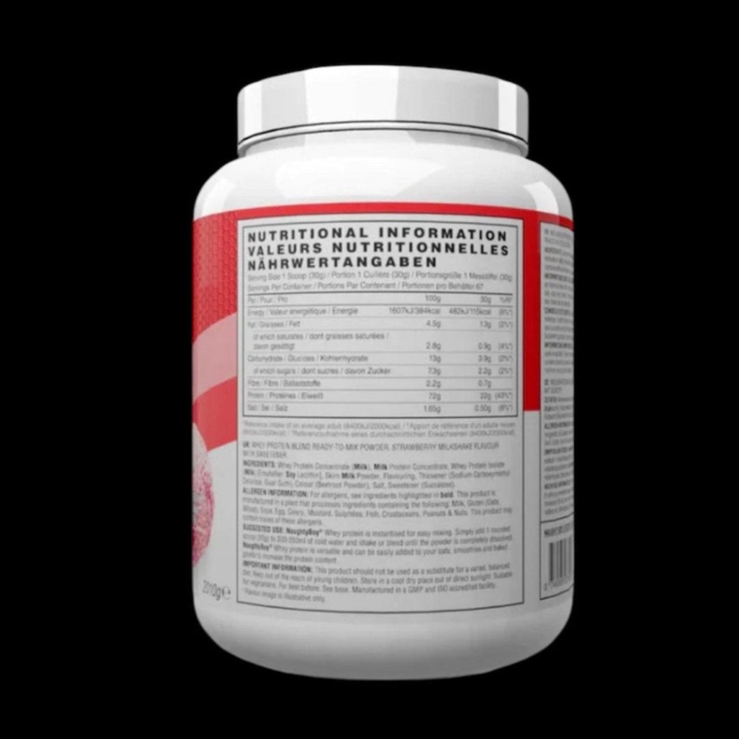 Naughty Boy Advanced Whey Protein Strawberry Milkshake 2.01kg tub back view
