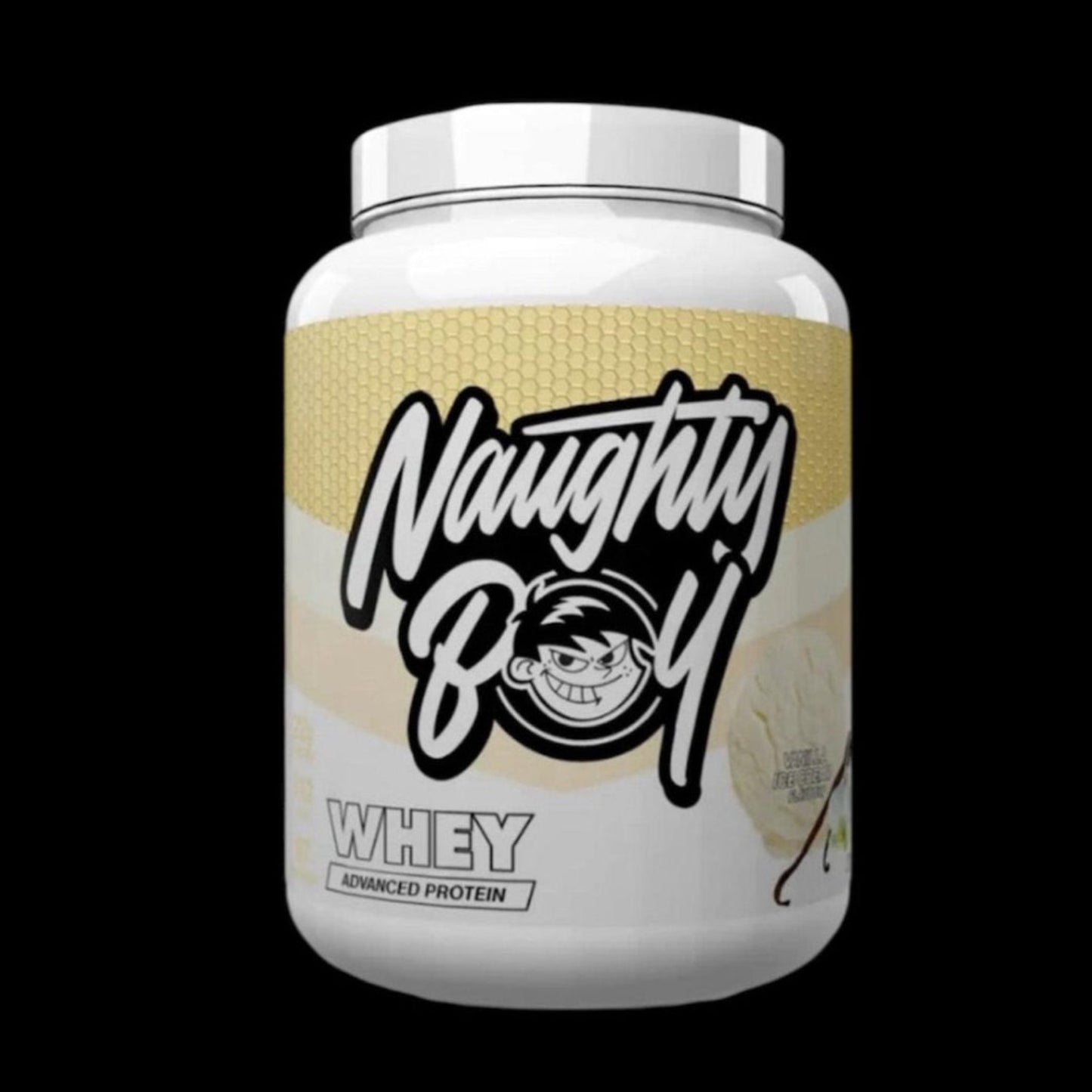 Naughty Boy Advanced Whey Protein Vanilla Ice Cream 2.01kg tub front view