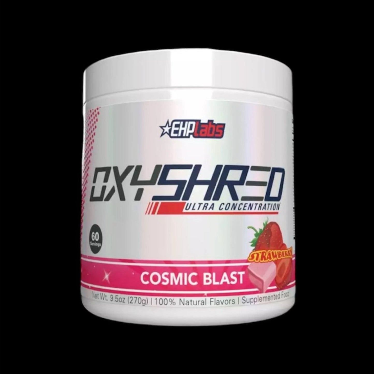 Front view of EHPLabs OxyShred Cosmic Blast flavour tub on black background
