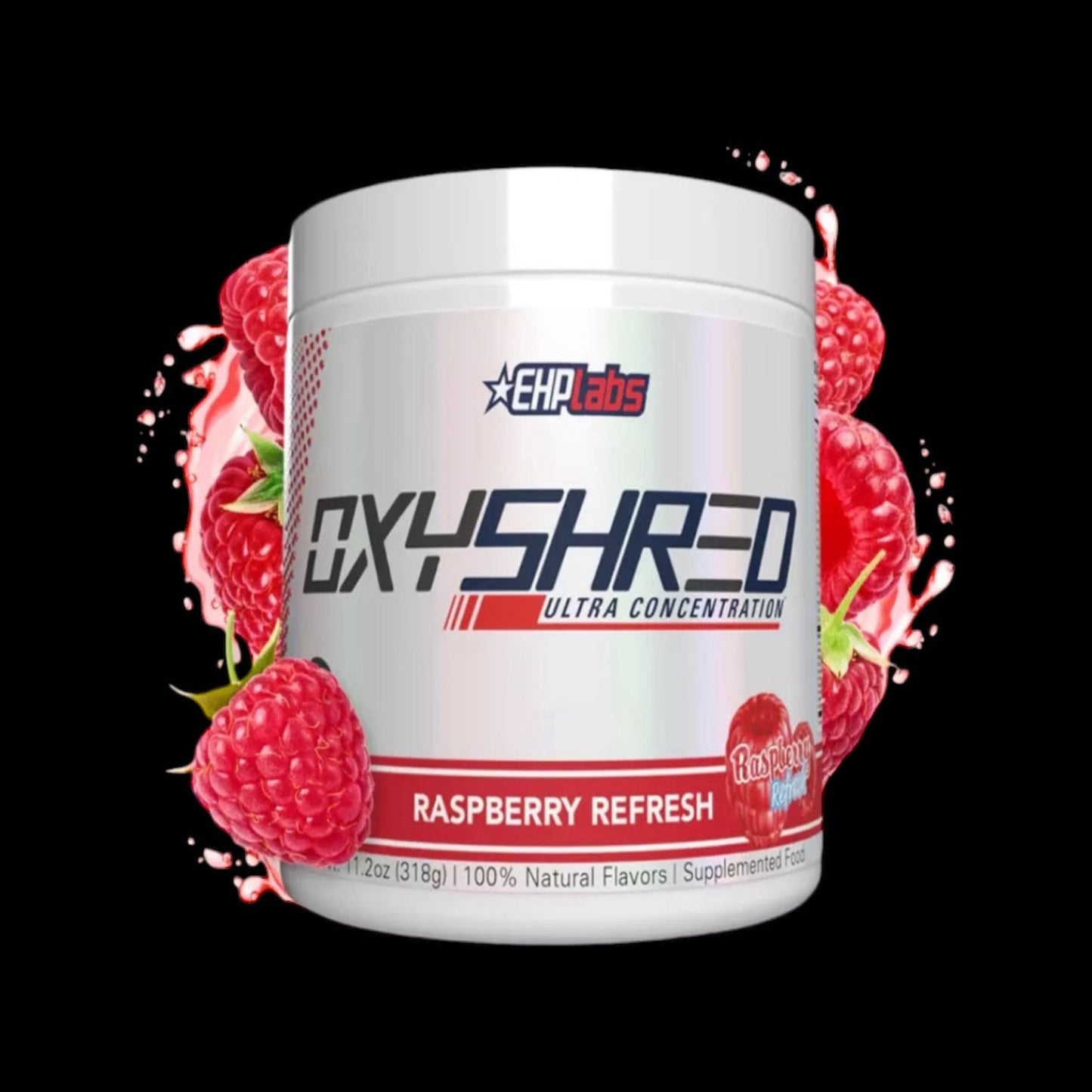 Front view of EHPLabs OxyShred Raspberry Refresh flavour tub on black background