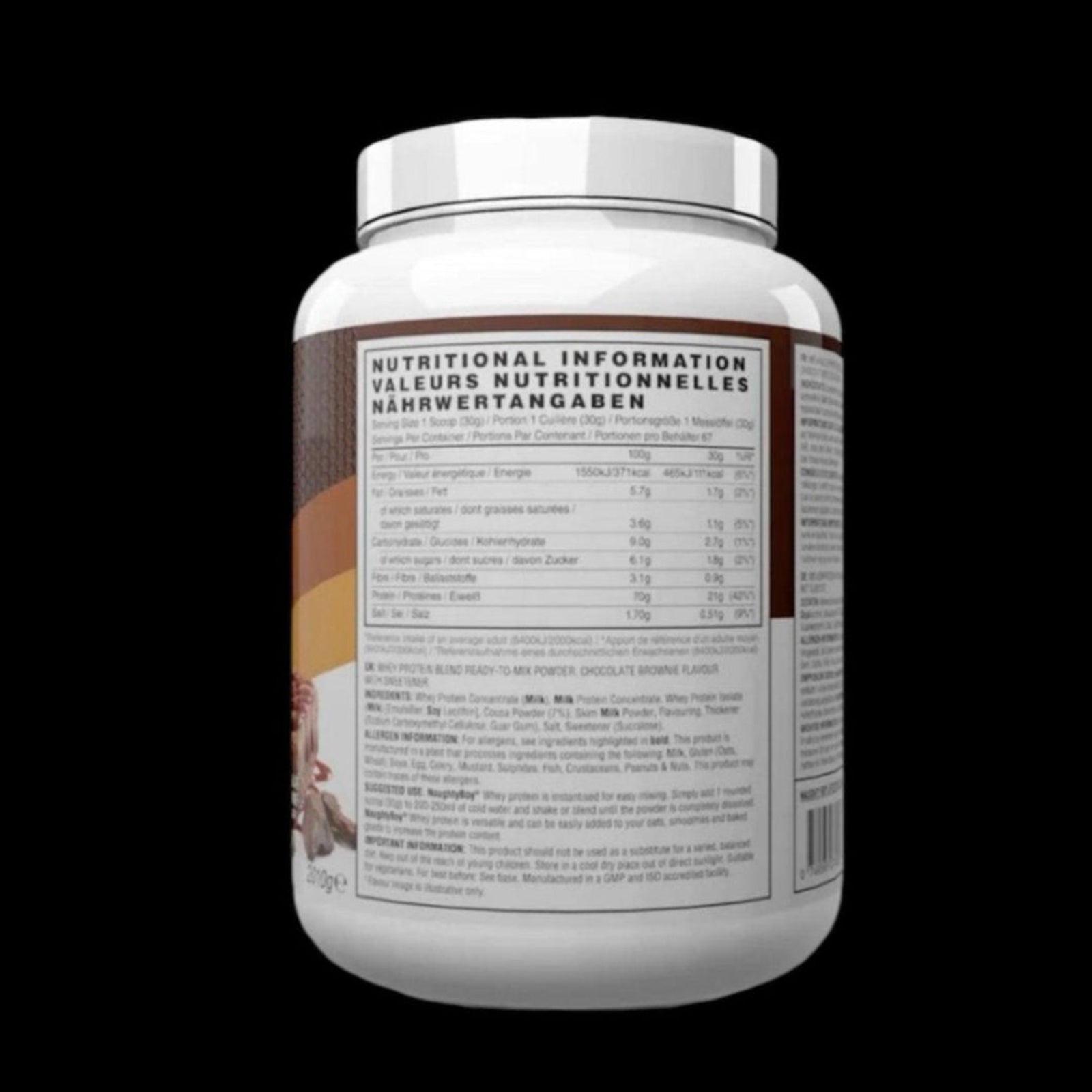 Naughty Boy Advanced Whey Protein Chocolate Brownie 2.01kg tub Back view