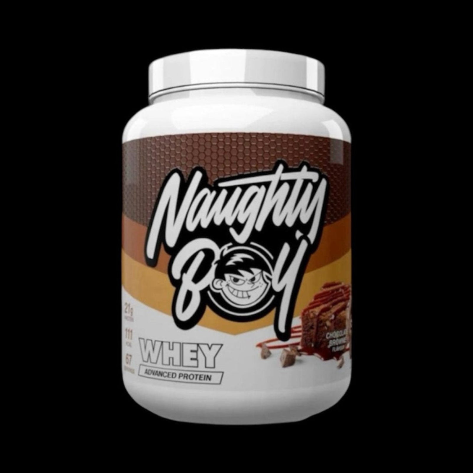 Naughty Boy Advanced Whey Protein Chocolate Brownie 2.01kg tub front view