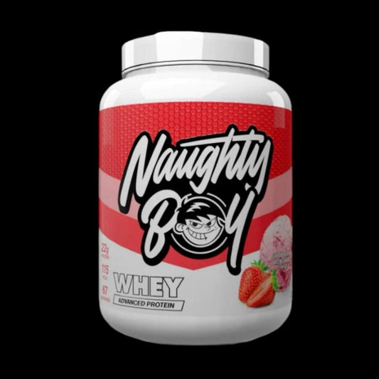 Naughty Boy Advanced Whey Protein Strawberry Milkshake 2.01kg tub front view