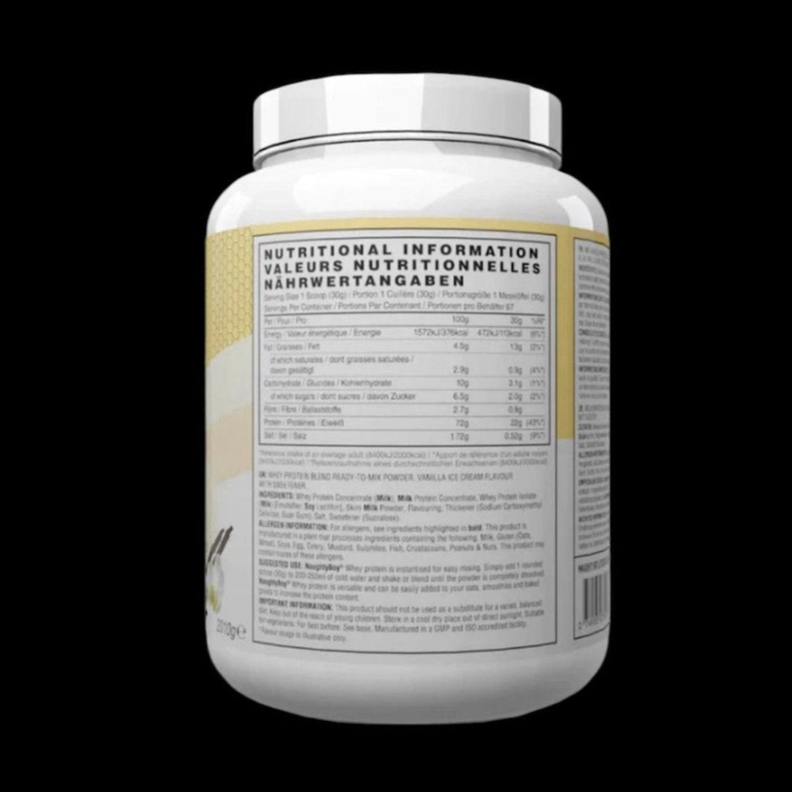 Naughty Boy Advanced Whey Protein Vanilla Ice Cream 2.01kg tub Back view